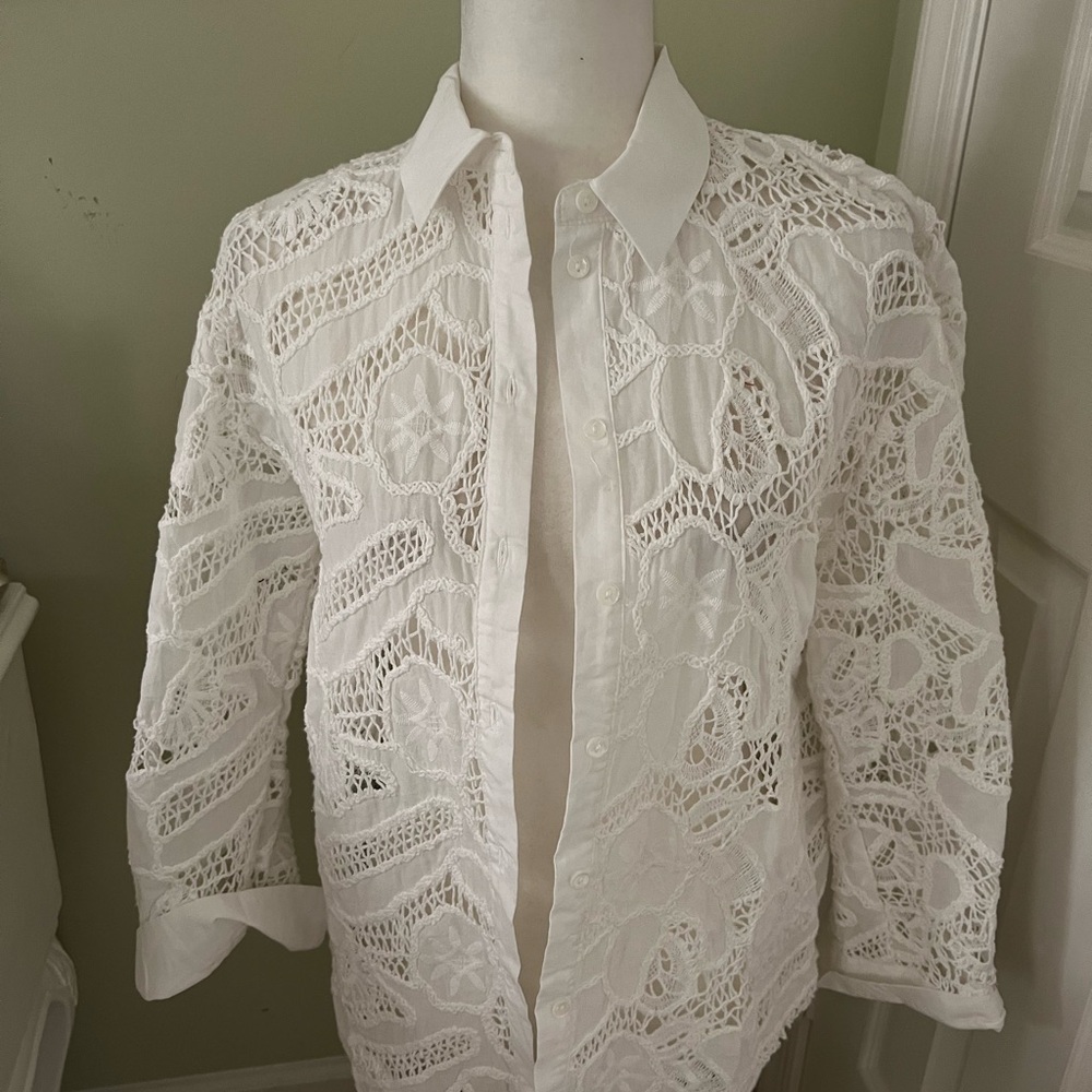 Mango White Lace Button Down Shirt